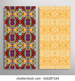 Vertical seamless patterns set, floral geometric lace texture for Wedding, Bridal, Valentine's day, greeting cards or Birthday Invitations. Decorative seamless backgrounds, tribal ethnic ornament