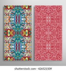 Vertical seamless patterns set, floral geometric lace texture for Wedding, Bridal, Valentine's day, greeting cards or Birthday Invitations. Decorative seamless backgrounds, tribal ethnic ornament