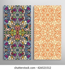 Vertical seamless patterns set, floral geometric lace texture for Wedding, Bridal, Valentine's day, greeting cards or Birthday Invitations. Decorative seamless backgrounds, tribal ethnic ornament
