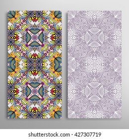 Vertical seamless patterns set, floral geometric lace texture for Wedding, Bridal, Valentine's day, greeting cards or Birthday Invitations. Decorative seamless backgrounds, tribal ethnic ornament