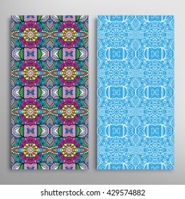 Vertical seamless patterns set, floral geometric lace texture for Wedding, Bridal, Valentine's day, greeting cards or Birthday Invitations. Decorative seamless backgrounds, tribal ethnic ornament