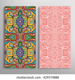 Vertical seamless patterns set, floral geometric lace texture for Wedding, Bridal, Valentine's day, greeting cards or Birthday Invitations. Decorative seamless backgrounds, tribal ethnic ornament