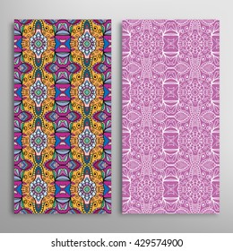 Vertical seamless patterns set, floral geometric lace texture for Wedding, Bridal, Valentine's day, greeting cards or Birthday Invitations. Decorative seamless backgrounds, tribal ethnic ornament