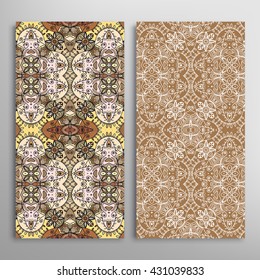 Vertical seamless patterns set, floral geometric lace texture for Wedding, Bridal, Valentine's day, greeting cards or Birthday Invitations. Decorative seamless backgrounds, tribal ethnic ornament