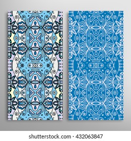 Vertical seamless patterns set, floral geometric lace texture for Wedding, Bridal, Valentine's day, greeting cards or Birthday Invitations. Decorative seamless backgrounds, tribal ethnic ornament