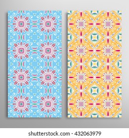 Vertical seamless patterns set, floral geometric lace texture for Wedding, Bridal, Valentine's day, greeting cards or Birthday Invitations. Decorative seamless backgrounds, tribal ethnic ornament