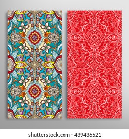 Vertical seamless patterns set, floral geometric lace texture for Wedding, Bridal, Valentine's day, greeting cards or Birthday Invitations. Decorative seamless backgrounds, tribal ethnic ornament