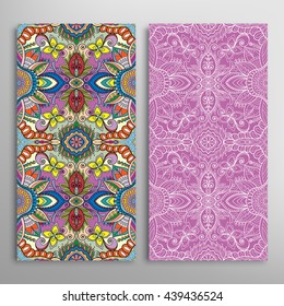 Vertical seamless patterns set, floral geometric lace texture for Wedding, Bridal, Valentine's day, greeting cards or Birthday Invitations. Decorative seamless backgrounds, tribal ethnic ornament