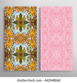Vertical seamless patterns set, floral geometric lace texture for Wedding, Bridal, Valentine's day, greeting cards or Birthday Invitations. Decorative seamless backgrounds, tribal ethnic ornament