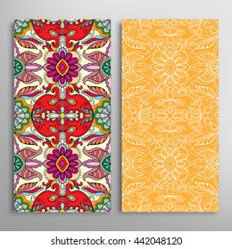 Vertical seamless patterns set, floral geometric lace texture for Wedding, Bridal, Valentine's day, greeting cards or Birthday Invitations. Decorative seamless backgrounds, tribal ethnic ornament