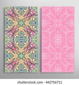 Vertical seamless patterns set, floral geometric lace texture for Wedding, Bridal, Valentine's day, greeting cards or Birthday Invitations. Decorative seamless backgrounds, tribal ethnic ornament