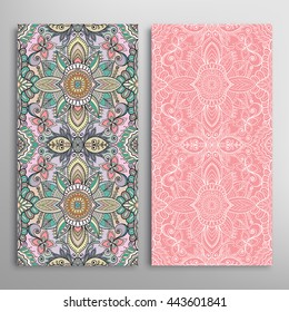 Vertical seamless patterns set, floral geometric lace texture for Wedding, Bridal, Valentine's day, greeting cards or Birthday Invitations. Decorative seamless backgrounds, tribal ethnic ornament