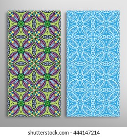 Vertical seamless patterns set, floral geometric lace texture for Wedding, Bridal, Valentine's day, greeting cards or Birthday Invitations. Decorative seamless backgrounds, tribal ethnic ornament