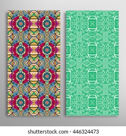 Vertical seamless patterns set, floral geometric lace texture for Wedding, Bridal, Valentine's day, greeting cards or Birthday Invitations. Decorative seamless backgrounds, tribal ethnic ornament