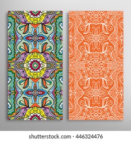 Vertical seamless patterns set, floral geometric lace texture for Wedding, Bridal, Valentine's day, greeting cards or Birthday Invitations. Decorative seamless backgrounds, tribal ethnic ornament