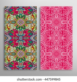 Vertical seamless patterns set, floral geometric lace texture for Wedding, Bridal, Valentine's day, greeting cards or Birthday Invitations. Decorative seamless backgrounds, tribal ethnic ornament