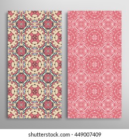 Vertical seamless patterns set, floral geometric lace texture for Wedding, Bridal, Valentine's day, greeting cards or Birthday Invitations. Decorative seamless backgrounds, tribal ethnic ornament