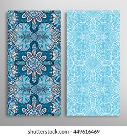 Vertical seamless patterns set, floral geometric lace texture for Wedding, Bridal, Valentine's day, greeting cards or Birthday Invitations. Decorative seamless backgrounds, tribal ethnic ornament
