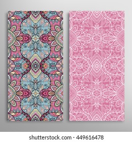 Vertical seamless patterns set, floral geometric lace texture for Wedding, Bridal, Valentine's day, greeting cards or Birthday Invitations. Decorative seamless backgrounds, tribal ethnic ornament