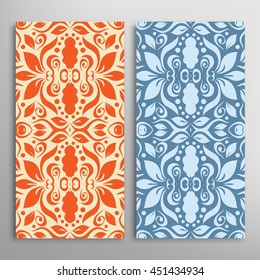 Vertical seamless patterns set, floral geometric lace texture for Wedding, Bridal, Valentine's day, greeting cards or Birthday Invitations. Decorative seamless backgrounds, tribal ethnic ornament