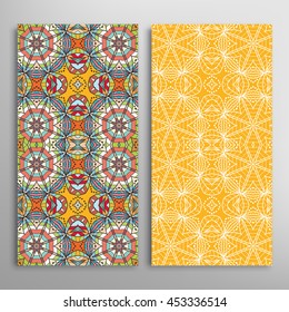 Vertical seamless patterns set, floral geometric lace texture for Wedding, Bridal, Valentine's day, greeting cards or Birthday Invitations. Decorative seamless backgrounds, tribal ethnic ornament