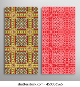 Vertical seamless patterns set, floral geometric lace texture for Wedding, Bridal, Valentine's day, greeting cards or Birthday Invitations. Decorative seamless backgrounds, tribal ethnic ornament