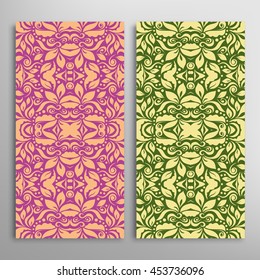 Vertical seamless patterns set, floral geometric lace texture for Wedding, Bridal, Valentine's day, greeting cards or Birthday Invitations. Decorative seamless backgrounds, tribal ethnic ornament