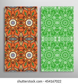 Vertical seamless patterns set, floral geometric lace texture for Wedding, Bridal, Valentine's day, greeting cards or Birthday Invitations. Decorative seamless backgrounds, tribal ethnic ornament