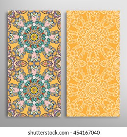 Vertical seamless patterns set, floral geometric lace texture for Wedding, Bridal, Valentine's day, greeting cards or Birthday Invitations. Decorative seamless backgrounds, tribal ethnic ornament