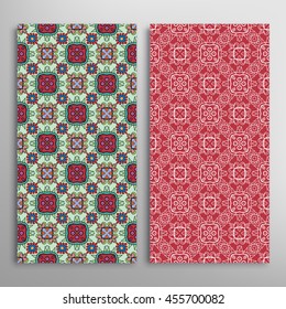 Vertical seamless patterns set, floral geometric lace texture for Wedding, Bridal, Valentine's day, greeting cards or Birthday Invitations. Decorative seamless backgrounds, tribal ethnic ornament