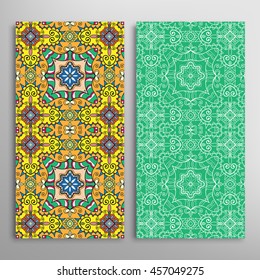 Vertical seamless patterns set, floral geometric lace texture for Wedding, Bridal, Valentine's day, greeting cards or Birthday Invitations. Decorative seamless backgrounds, tribal ethnic ornament