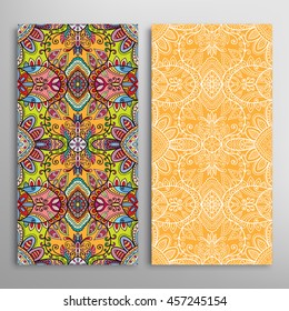 Vertical seamless patterns set, floral geometric lace texture for Wedding, Bridal, Valentine's day, greeting cards or Birthday Invitations. Decorative seamless backgrounds, tribal ethnic ornament