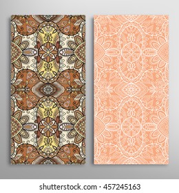Vertical seamless patterns set, floral geometric lace texture for Wedding, Bridal, Valentine's day, greeting cards or Birthday Invitations. Decorative seamless backgrounds, tribal ethnic ornament