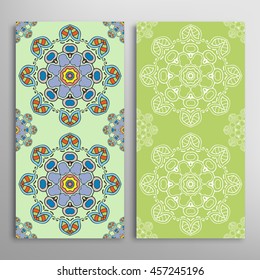 Vertical seamless patterns set, floral geometric lace texture for Wedding, Bridal, Valentine's day, greeting cards or Birthday Invitations. Decorative seamless backgrounds, tribal ethnic ornament