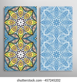 Vertical seamless patterns set, floral geometric lace texture for Wedding, Bridal, Valentine's day, greeting cards or Birthday Invitations. Decorative seamless backgrounds, tribal ethnic ornament