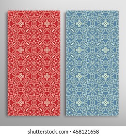 Vertical seamless patterns set, floral geometric lace texture for Wedding, Bridal, Valentine's day, greeting cards or Birthday Invitations. Decorative seamless backgrounds, tribal ethnic ornament