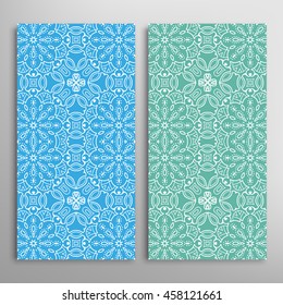 Vertical seamless patterns set, floral geometric lace texture for Wedding, Bridal, Valentine's day, greeting cards or Birthday Invitations. Decorative seamless backgrounds, tribal ethnic ornament
