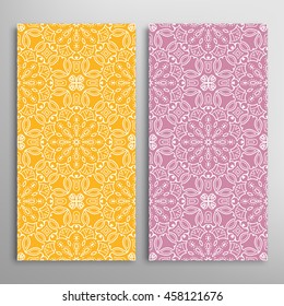 Vertical seamless patterns set, floral geometric lace texture for Wedding, Bridal, Valentine's day, greeting cards or Birthday Invitations. Decorative seamless backgrounds, tribal ethnic ornament