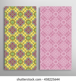 Vertical seamless patterns set, floral geometric lace texture for Wedding, Bridal, Valentine's day, greeting cards or Birthday Invitations. Decorative seamless backgrounds, tribal ethnic ornament