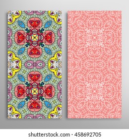 Vertical seamless patterns set, floral geometric lace texture for Wedding, Bridal, Valentine's day, greeting cards or Birthday Invitations. Decorative seamless backgrounds, tribal ethnic ornament
