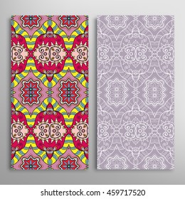 Vertical seamless patterns set, floral geometric lace texture for Wedding, Bridal, Valentine's day, greeting cards or Birthday Invitations. Decorative seamless backgrounds, tribal ethnic ornament
