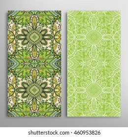 Vertical seamless patterns set, floral geometric lace texture for Wedding, Bridal, Valentine's day, greeting cards or Birthday Invitations. Decorative seamless backgrounds, tribal ethnic ornament