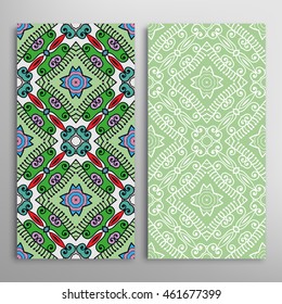 Vertical seamless patterns set, floral geometric lace texture for Wedding, Bridal, Valentine's day, greeting cards or Birthday Invitations. Decorative seamless backgrounds, tribal ethnic ornament