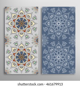 Vertical seamless patterns set, floral geometric lace texture for Wedding, Bridal, Valentine's day, greeting cards or Birthday Invitations. Decorative seamless backgrounds, tribal ethnic ornament