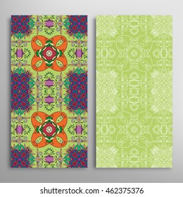 Vertical seamless patterns set, floral geometric lace texture for Wedding, Bridal, Valentine's day, greeting cards or Birthday Invitations. Decorative seamless backgrounds, tribal ethnic ornament