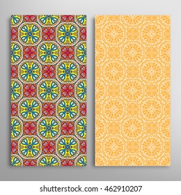 Vertical seamless patterns set, floral geometric lace texture for Wedding, Bridal, Valentine's day, greeting cards or Birthday Invitations. Decorative seamless backgrounds, tribal ethnic ornament