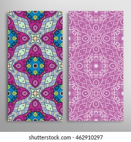 Vertical seamless patterns set, floral geometric lace texture for Wedding, Bridal, Valentine's day, greeting cards or Birthday Invitations. Decorative seamless backgrounds, tribal ethnic ornament