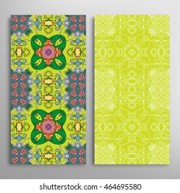 Vertical seamless patterns set, floral geometric lace texture for Wedding, Bridal, Valentine's day, greeting cards or Birthday Invitations. Decorative seamless backgrounds, tribal ethnic ornament