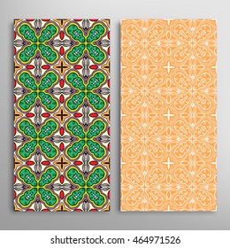 Vertical seamless patterns set, floral geometric lace texture for Wedding, Bridal, Valentine's day, greeting cards or Birthday Invitations. Decorative seamless backgrounds, tribal ethnic ornament