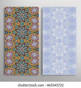 Vertical seamless patterns set, floral geometric lace texture for Wedding, Bridal, Valentine's day, greeting cards or Birthday Invitations. Decorative seamless backgrounds, tribal ethnic ornament